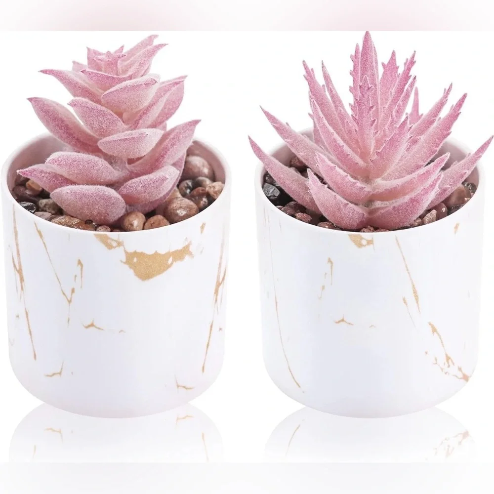 White Marble Mini Pot with Pink Succulent Accent - Home Accents